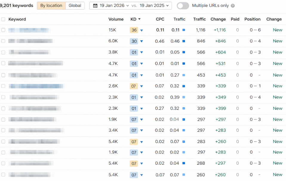 New keywords in the Top positions and growth of organic traffic.